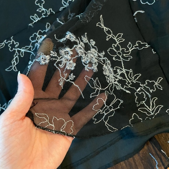 Vintage Floral Mesh Overlay Black Midi Slip Skirt 1X Whimsigoth Dark Cottagecore - Picture 2 of 8